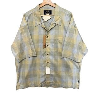 Vtg BD Baggies Mens XXL Shirt Button Up Yellow Plaid‎ Linen Blend Short Sleeve